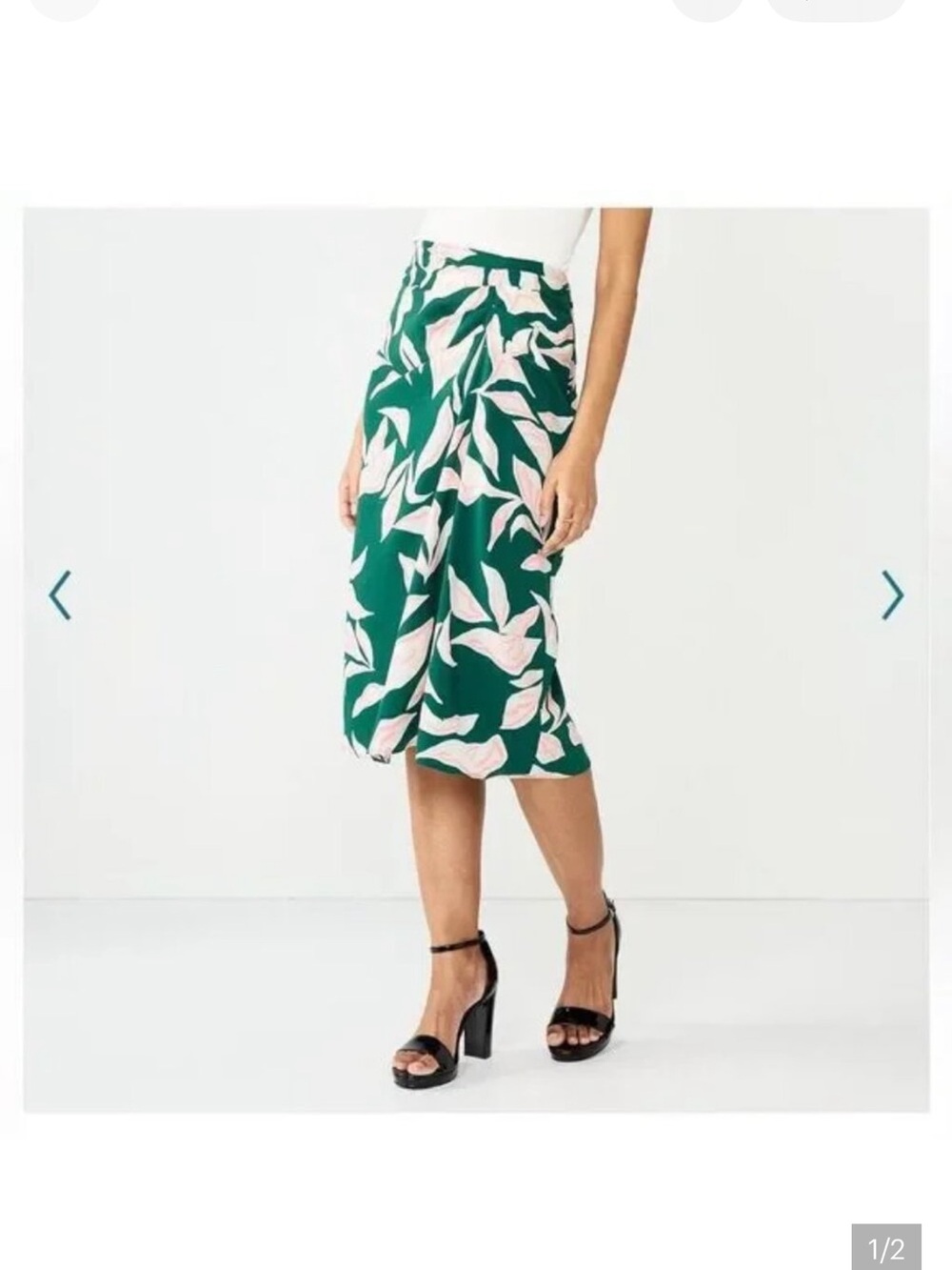Nine West Green and Pink Leaf Print Ruched Midi Skirt
